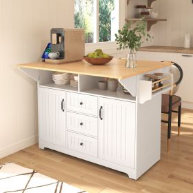 55.7" Large Kitchen Island with 2 Drop Leaf,Rolling Kitchen Cart on 5 Wheels with Power Outlet, Folding Storage Dining Table with Spice & Towel R (Color: White, Material: MDF)