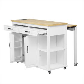 47 inch Kitchen Island with Extendable Dining Table, Rubber Wood Veneer Kitchen Table with Internal Storage Rack, Power Outlet (Color: White, Material: MDF,Rubber Wood)