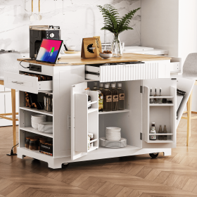 Fluted Kitchen Island with Trash Can Storage Cabinet, Power Outlet, Internal Storage Rack, Rolling Kitchen Islands on 5 Wheels with 3 Drawer (Color: White, Material: MDF,Rubber Wood)